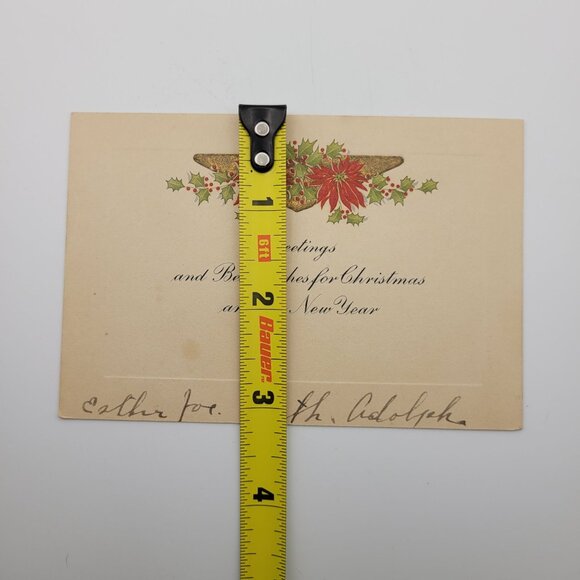 Vintage Christmas Card Esther Ruth Adolph Handwritten Poinsettia Holly 5x3 Inch - Picture 4 of 5